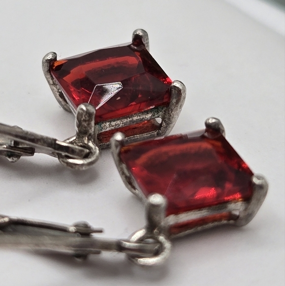 ✨3/$50✨ Sterling Silver 925 Dangle Earrings Red Simulated Ruby Emerald Cut Glass - Picture 4 of 8
